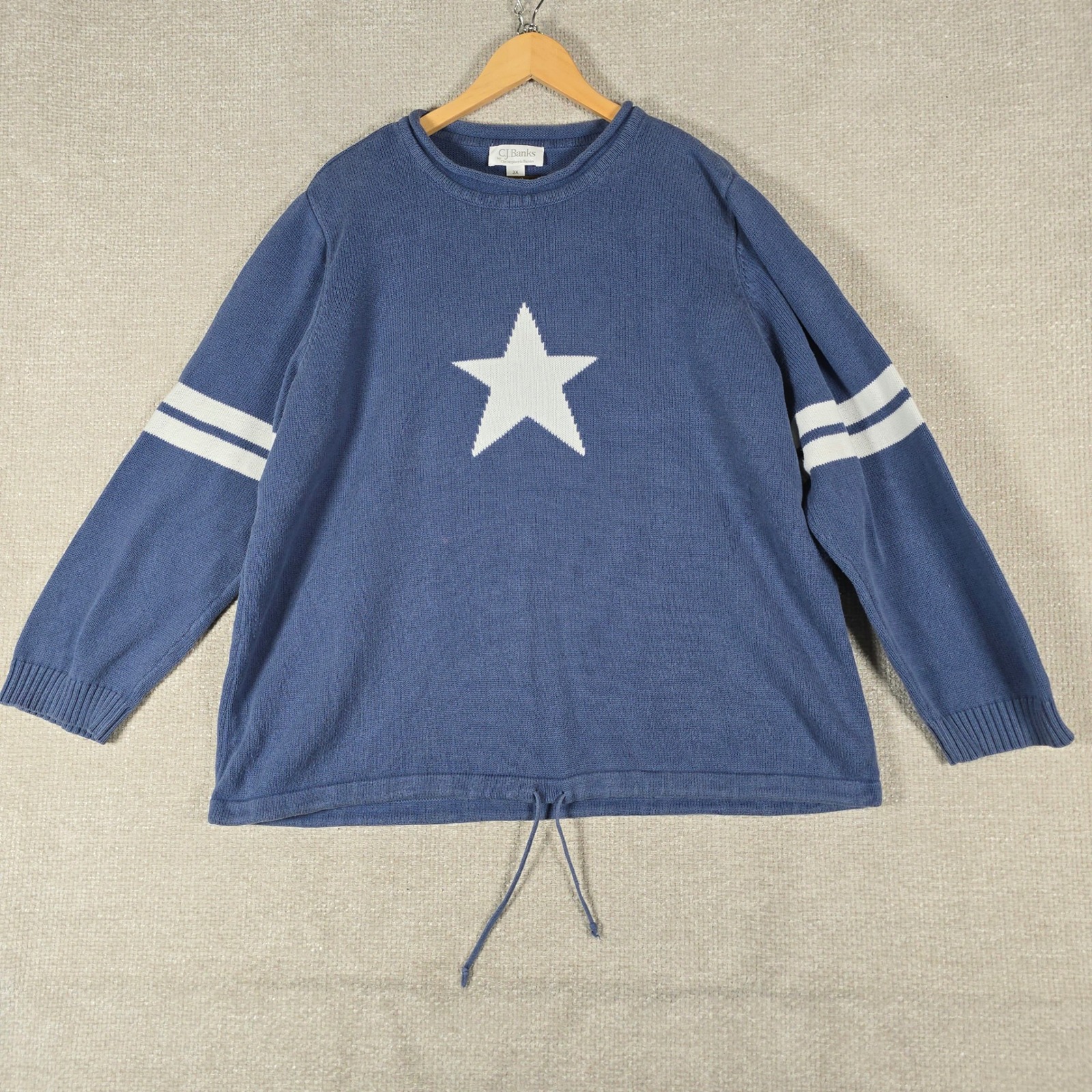 Cj Banks Womens 3x Blue Cotton Star Intarsia Knit Sweater Drawstring Hem 06138